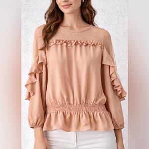 YA YA & COMPANY Peach Swiss Dot Mesh Ruffle Blouse Smocked Waist M